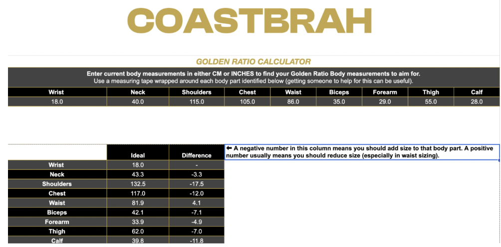 Golden Ratio Calculator - body measurement spreadsheet